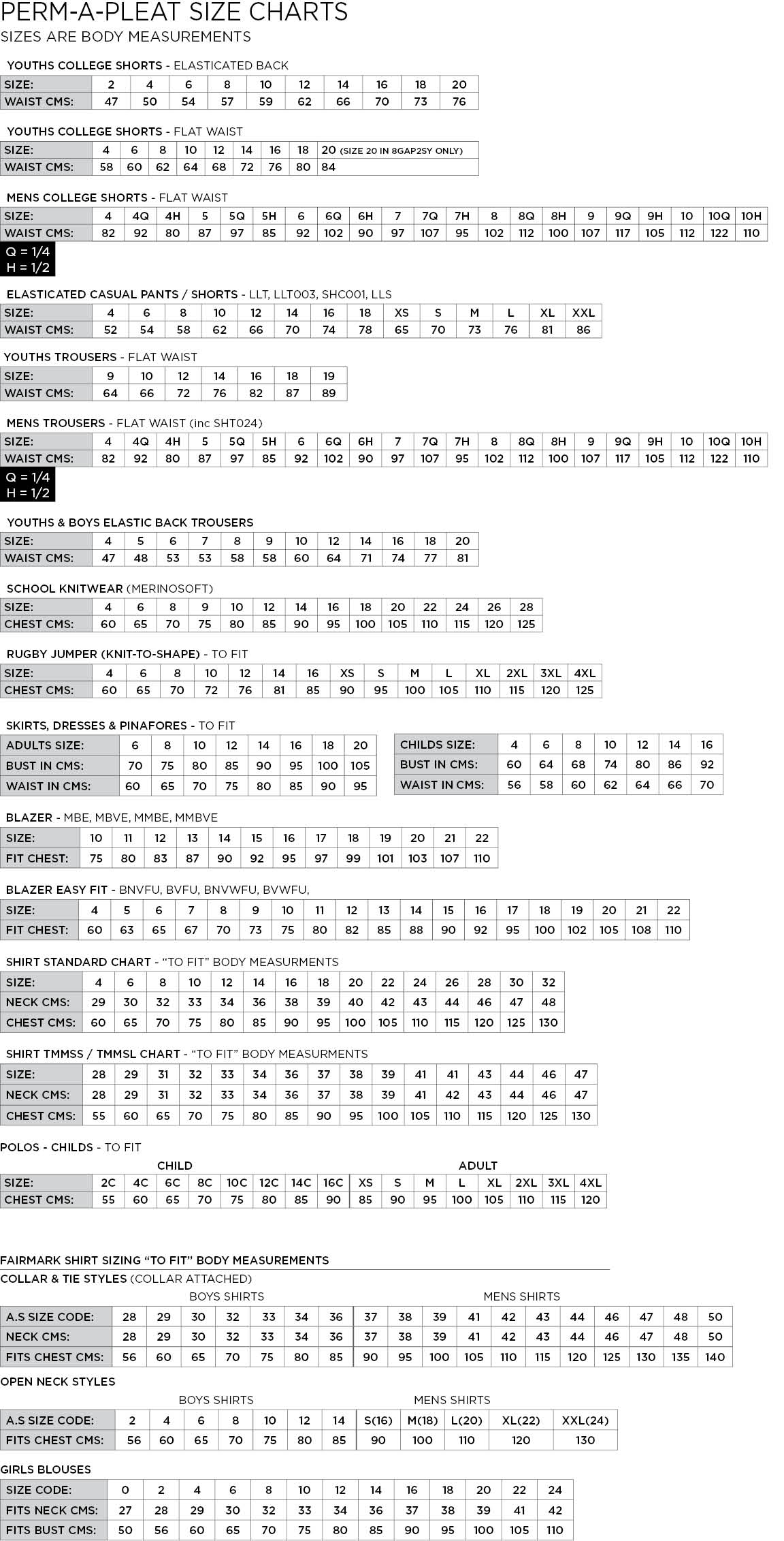 School Blazer Size Chart